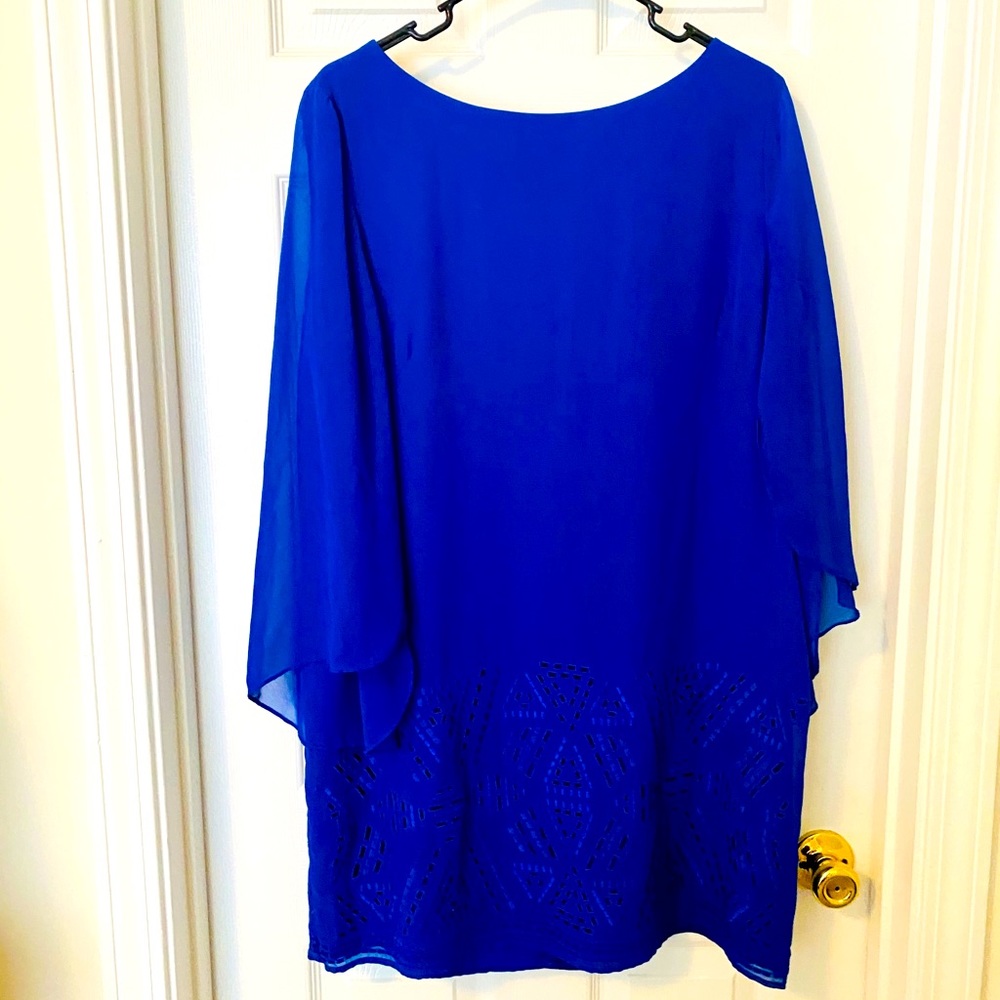 Royal blue shift dress with flyaway sleeves